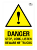 Danger Stop Look Listen Beware of Trucks A3 Forex 5mm Sign